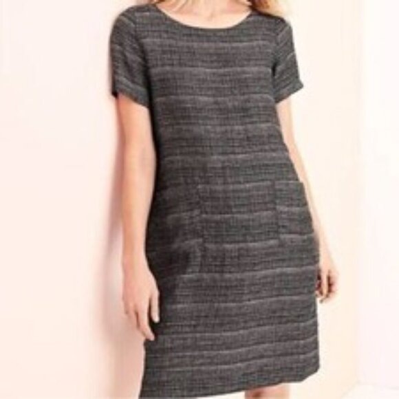 Eileen Fisher Coastline Shift Dress Linen Navy/Gray Scoop Neck Short Sleeves MP - Picture 1 of 10